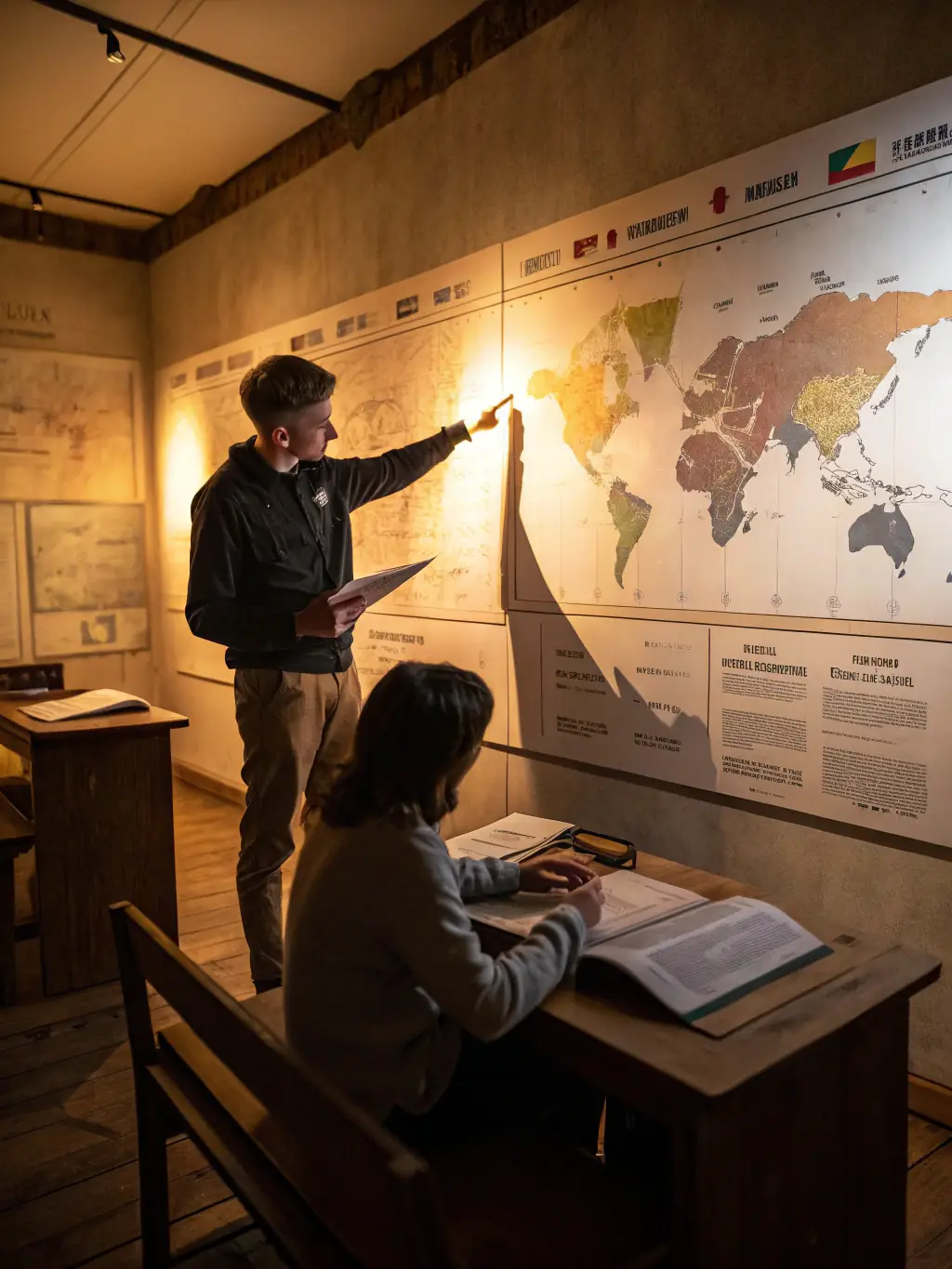 A group of students participating in an educational workshop about local history, led by a member of GROUPE ARCHEO DU MESMONTOIS. The setting is a classroom filled with historical artifacts and learning materials.