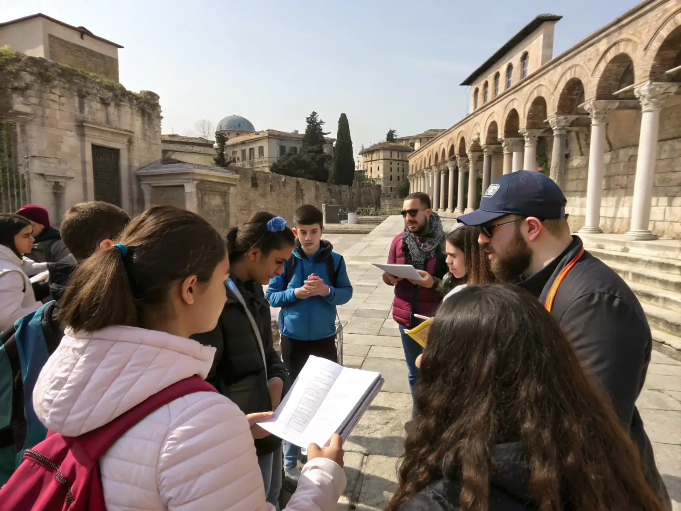 A photograph of a group of local students participating in an educational workshop about the history of Mâlain, France, led by members of GROUPE ARCHEO DU MESMONTOIS. The scene should capture the enthusiasm and engagement of the students as they learn about their local heritage.