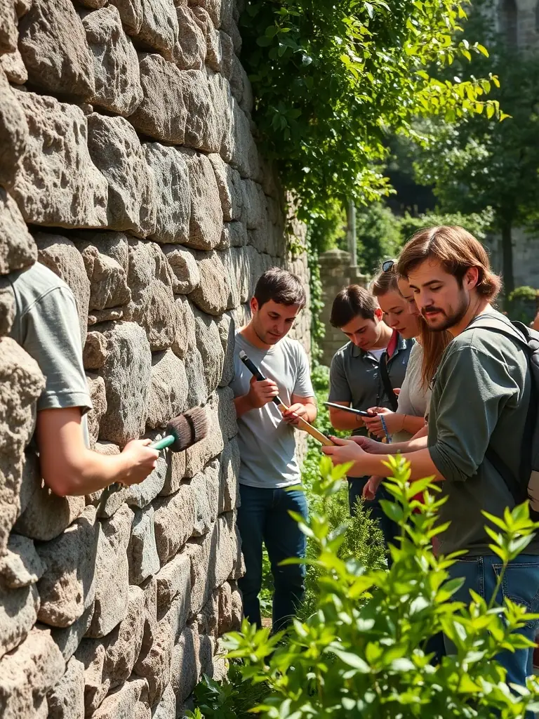 A group of volunteers and archaeologists carefully excavating a medieval stone structure at the Mâlain site, surrounded by rural landscape and archaeological tools, illustrating active fieldwork.