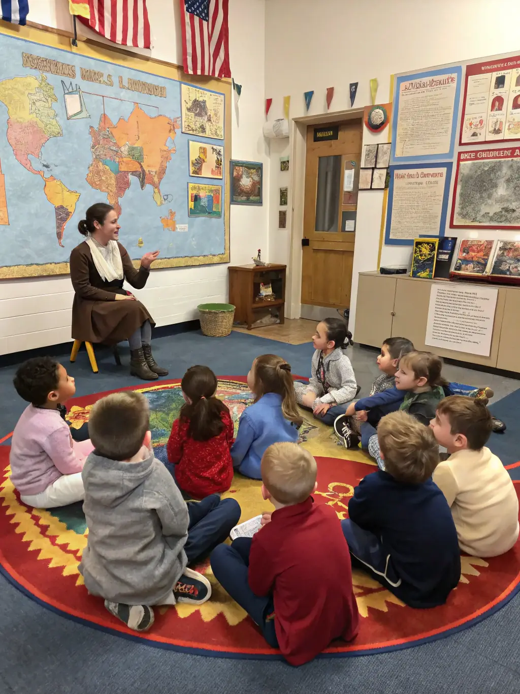 A classroom setting with children examining ancient pottery shards and maps, guided by an enthusiastic educator, representing an interactive educational workshop organized by the association.