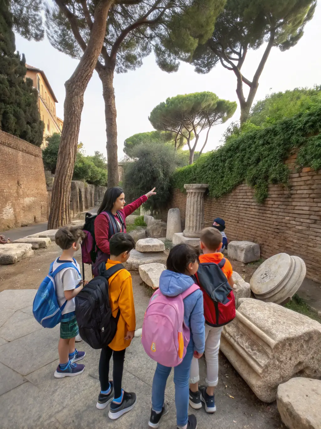 A classroom of local children attentively listening to an archaeologist presenting ancient pottery shards and maps, with educational posters in the background.