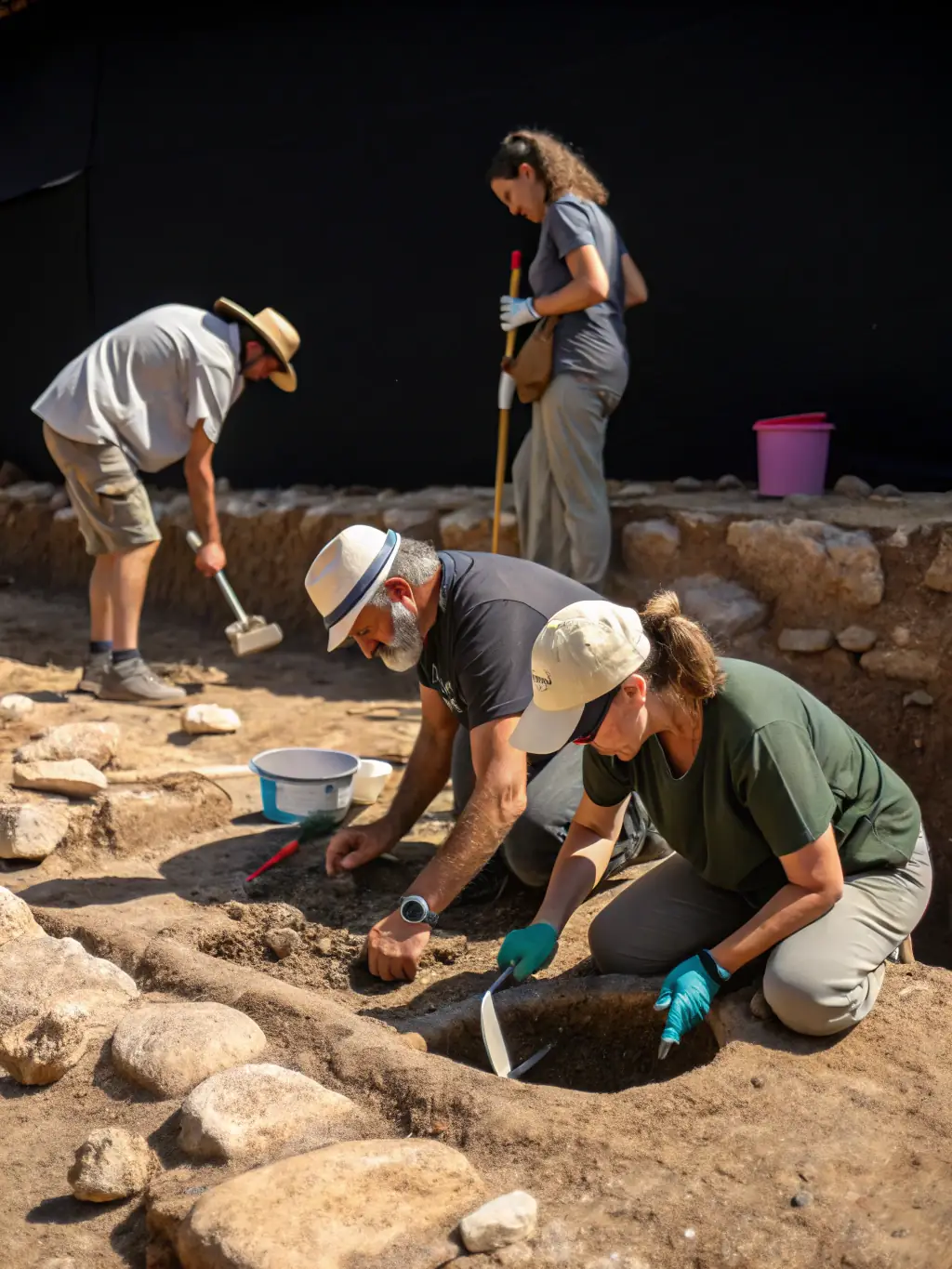 A photograph depicting archaeologists carefully excavating a site in Mâlain, France, revealing ancient artifacts. The scene is set during a sunny day, with team members meticulously documenting their findings.