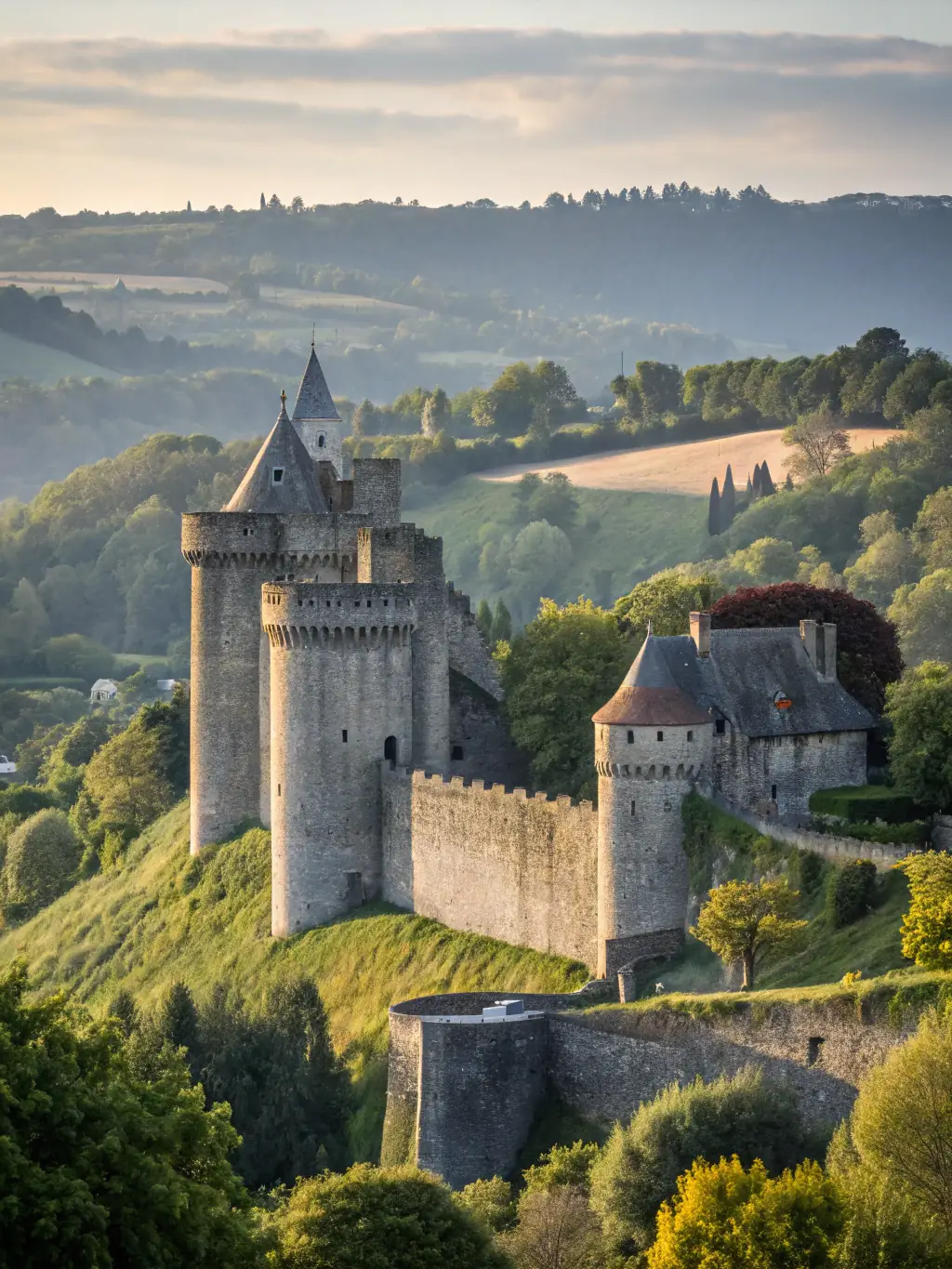 A restored medieval tower in Mâlain, showcasing the architectural details and the surrounding landscape. The image captures the tower from a low angle, emphasizing its height and historical significance.