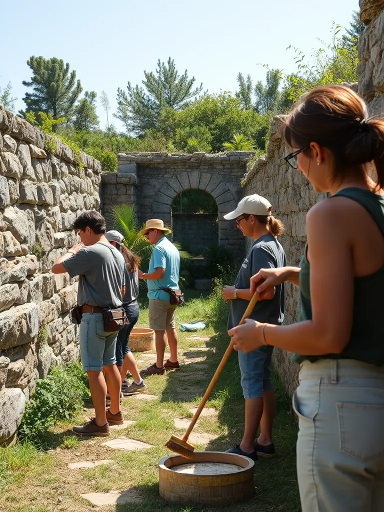 A group of volunteers restoring a centuries-old stone wall, using traditional masonry techniques, with informational signage about the site's history visible in the background.