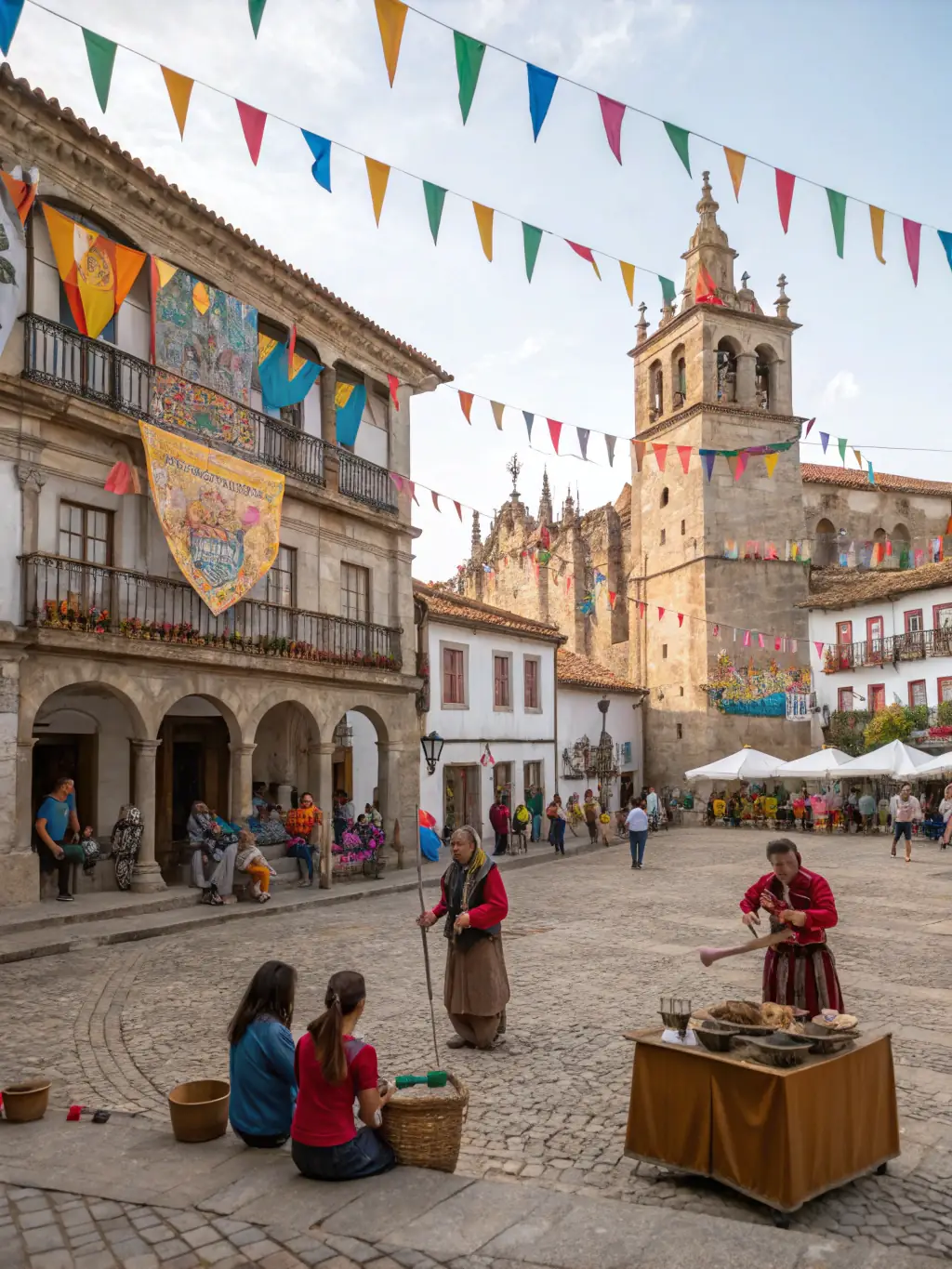 A lively community event in the village square, featuring guided heritage walks, informational booths, and local residents participating in heritage-themed games and discussions.